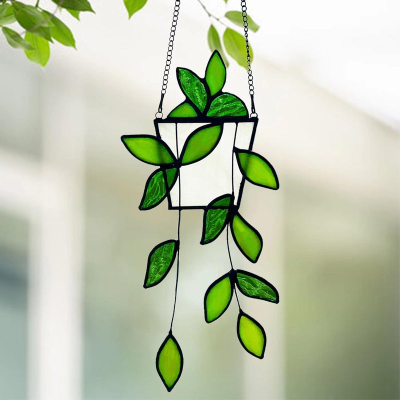 Royxen Stained Glass Window Hanging Green Plants Artificial Deocr Faux Plant Suncatchers  Gift for Plant Lover - Image 5